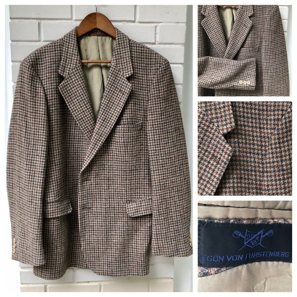 EGON VON FURSTENBERG Blazer Men Wool Bright Plaid Houndstooth Vintage Jacket 46R